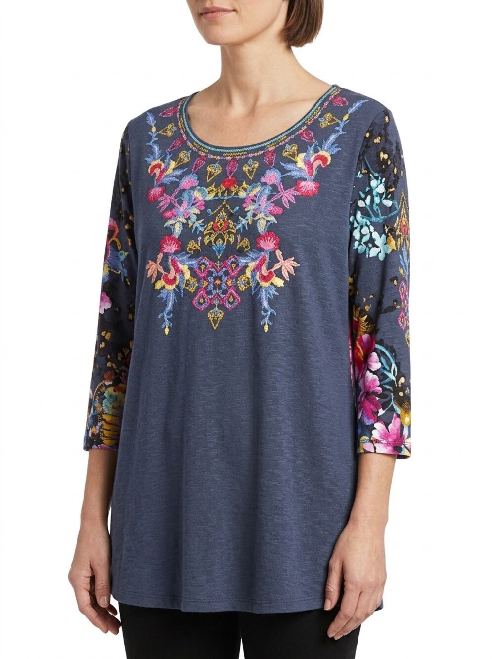 Caleoos Blue Embroidered Knit Stretch Graphic Print Blouse Women Size L